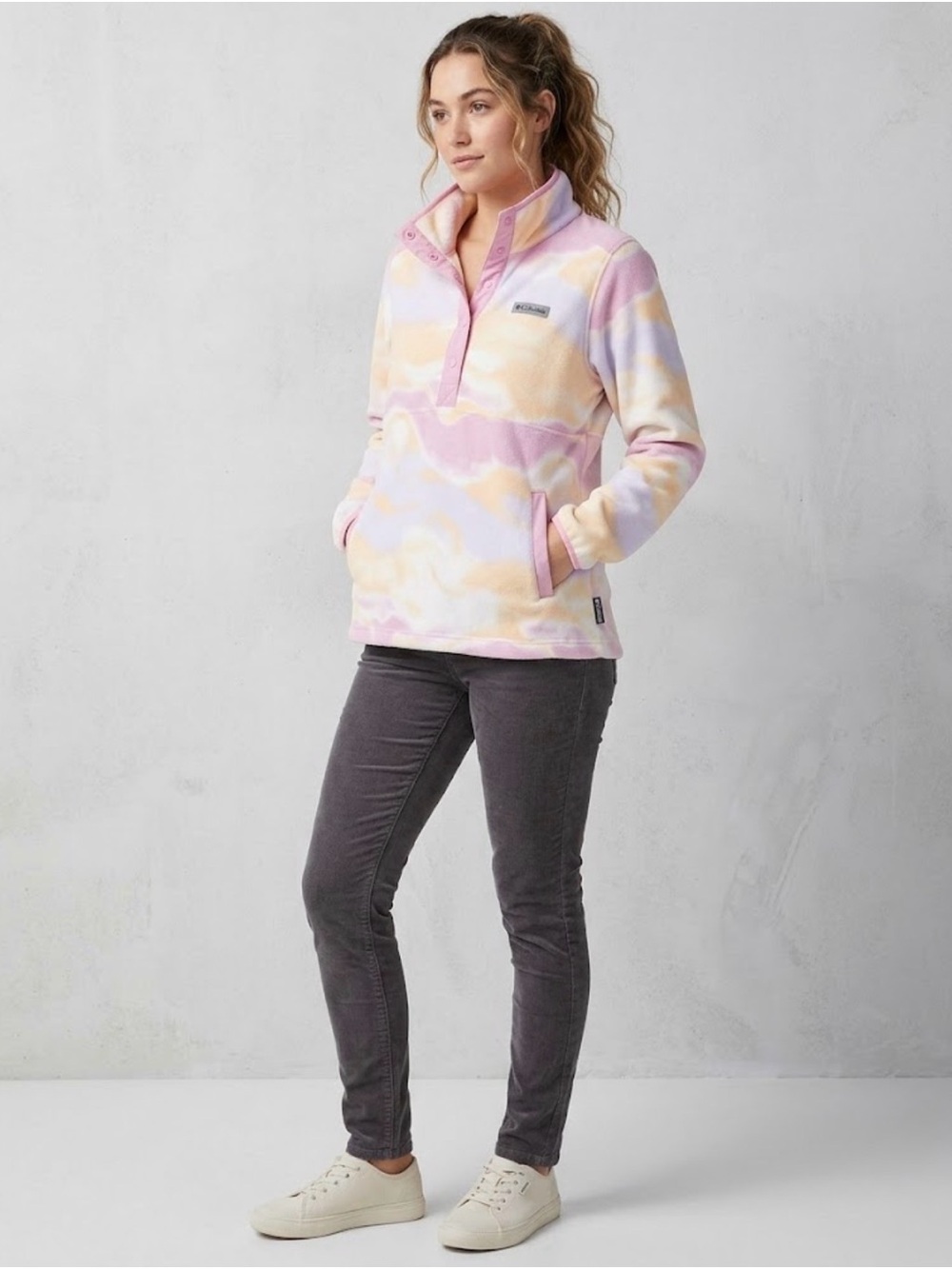 Women's Pastel Tie-Dye Snap Pullover Fleece - Pink, Yellow, Lavender
